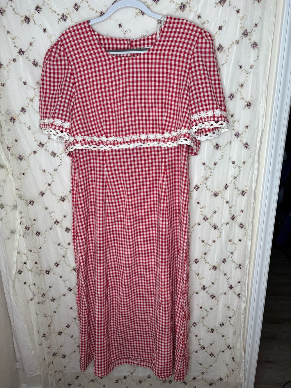 Red Gingham Midi Dress with White Lace Trim